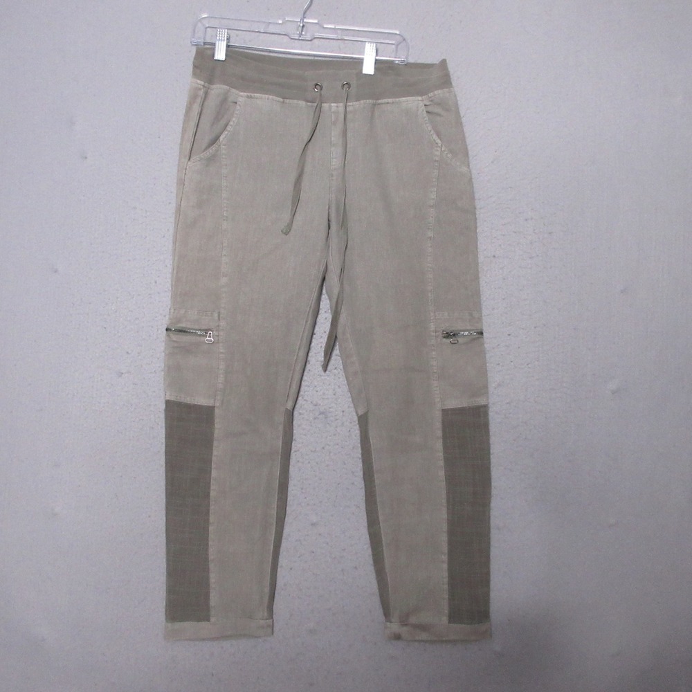 XCVI Pants Small Green Linen Cotton Drawstring Utility Mix Media Lagenlook Artsy